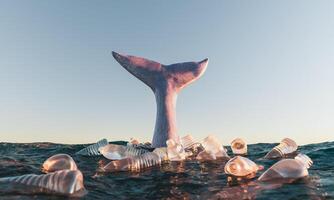 cauda de baleia no oceano cercada por garrafas de plástico foto