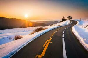 uma estrada dentro a neve com a Sol configuração atrás isto. gerado por IA foto