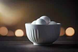 uma tigela do ovos em uma mesa com borrado luzes. gerado por IA foto