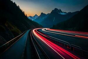 uma grandes exposição fotografia do uma rodovia às crepúsculo. gerado por IA foto