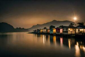 uma linha do casas em a costa do uma lago às noite. gerado por IA foto