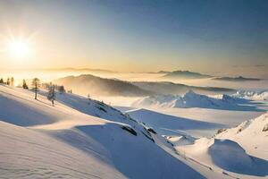 a Sol sobe sobre uma Nevado montanha faixa. gerado por IA foto