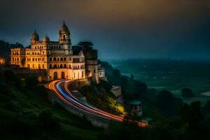 uma castelo em uma Colina com carros dirigindo por. gerado por IA foto