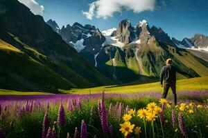 uma homem carrinhos dentro a meio do uma campo do flores silvestres dentro a montanhas. gerado por IA foto