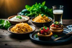 uma prato do Comida com Macarrão, legumes e uma cerveja. gerado por IA foto