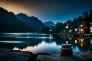 pedra pilha de a lago às crepúsculo. gerado por IA foto