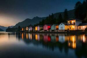 uma linha do colorida casas em a costa do uma lago. gerado por IA foto