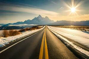 a Sol brilha sobre uma Nevado estrada dentro a montanhas. gerado por IA foto