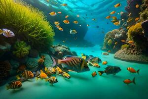 embaixo da agua cena com muitos peixe natação dentro a oceano. gerado por IA foto