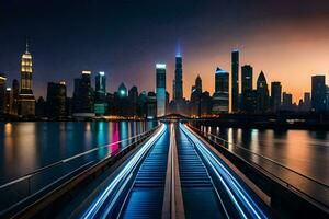 uma grandes exposição fotografia do uma cidade Horizonte às noite. gerado por IA foto