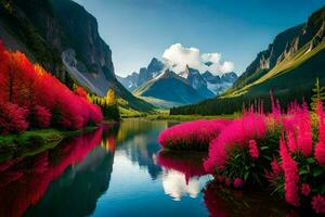lindo panorama com Rosa flores e montanhas. gerado por IA foto