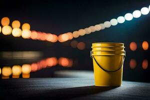 uma amarelo balde sentado em a terra dentro frente do uma rio. gerado por IA foto