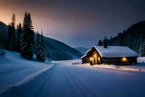 uma cabine dentro a neve às pôr do sol. gerado por IA foto