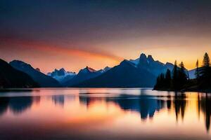 uma lago e montanhas às pôr do sol. gerado por IA foto