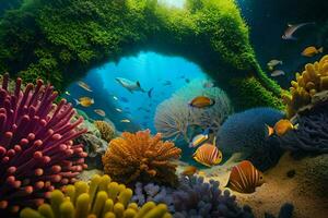 a embaixo da agua cena com coral e peixe. gerado por IA foto