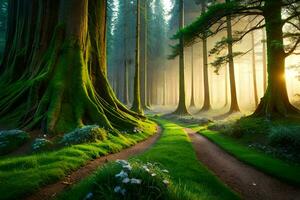 uma caminho através uma floresta com árvores e grama. gerado por IA foto