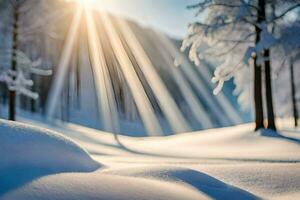 neve coberto árvores e Sol raios dentro a fundo. gerado por IA foto