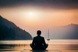 uma homem dentro uma terno meditando em uma doca às pôr do sol. gerado por IA foto