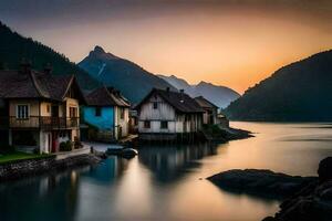 uma lago e casas dentro a montanhas às pôr do sol. gerado por IA foto