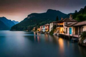 foto papel de parede a céu, lago, montanhas, casas, a água, a montanhas, a lago. gerado por IA