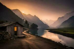 uma pequeno cabine senta em a lado do uma rio com montanhas dentro a fundo. gerado por IA foto