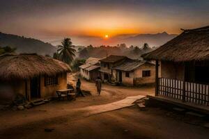 uma Vila às pôr do sol com colmo cabanas. gerado por IA foto