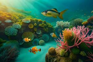 embaixo da agua cena com peixe e coral recife. gerado por IA foto