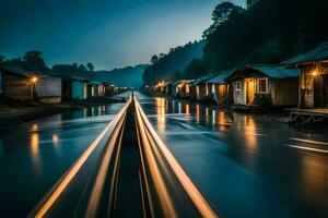 uma grandes exposição fotografia do uma trem passagem através uma pequeno cidade. gerado por IA foto