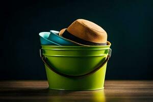 uma balde com uma chapéu e uma balde do água. gerado por IA foto