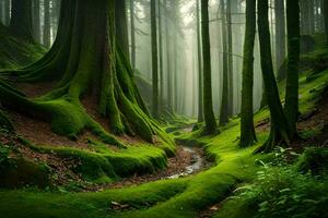 uma verde floresta com musgoso árvores e uma fluxo. gerado por IA foto