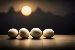 quatro ovos estão sentado em uma mesa dentro frente do uma cheio lua. gerado por IA foto