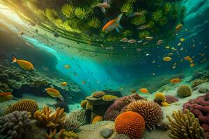 a embaixo da agua cena com coral e peixe. gerado por IA foto