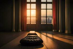 uma Preto almofada senta em a chão dentro frente do uma ampla janela. gerado por IA foto