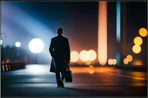 uma homem caminhando baixa uma estrada às noite com dele mala. gerado por IA foto