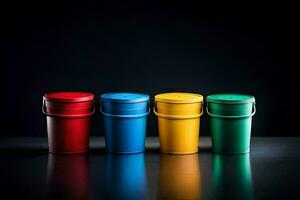 quatro colorida baldes em uma Preto fundo. gerado por IA foto