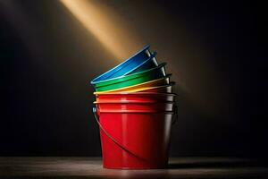 uma pilha do colorida baldes em uma Sombrio mesa. gerado por IA foto