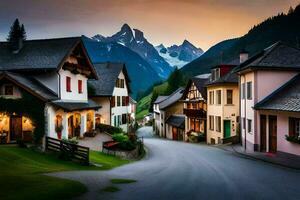 uma rua dentro a montanhas com casas e montanhas dentro a fundo. gerado por IA foto