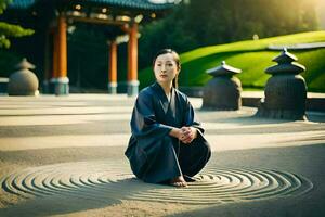 uma mulher dentro uma quimono sentado em uma circular caminho. gerado por IA foto