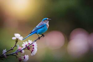 uma azul pássaro senta em uma ramo com flores gerado por IA foto