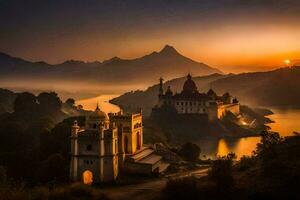 a Sol sobe sobre uma castelo dentro a montanhas. gerado por IA foto