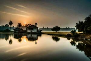 uma casa senta em a Beira do uma lago às pôr do sol. gerado por IA foto