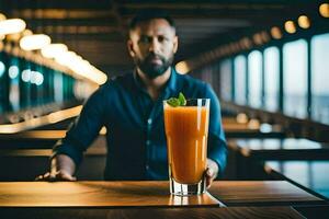 uma homem segurando uma vidro do laranja suco. gerado por IA foto