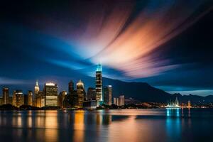 a hong Horizonte às noite com nuvens e claro. gerado por IA foto