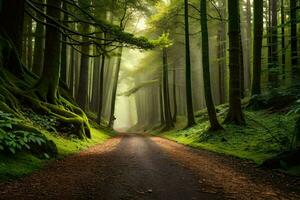 uma sujeira estrada dentro uma verde floresta com árvores gerado por IA foto