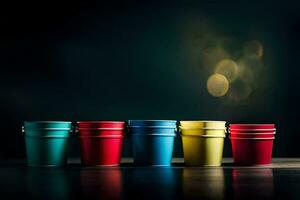 colorida baldes em uma Sombrio mesa. gerado por IA foto