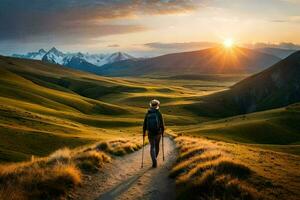 uma homem anda em em uma caminho dentro a montanhas. gerado por IA foto