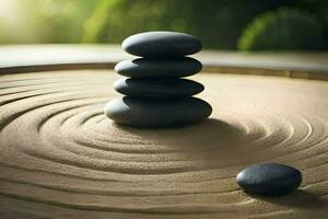 uma zen jardim com pedras e uma Rocha. gerado por IA foto