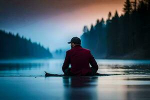 uma homem sentado em a Beira do uma lago às pôr do sol. gerado por IA foto