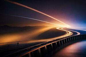 uma grandes exposição fotografia do uma ponte às noite. gerado por IA foto