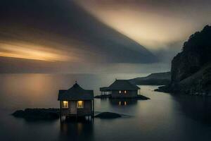 dois pequeno casas em a água às noite. gerado por IA foto